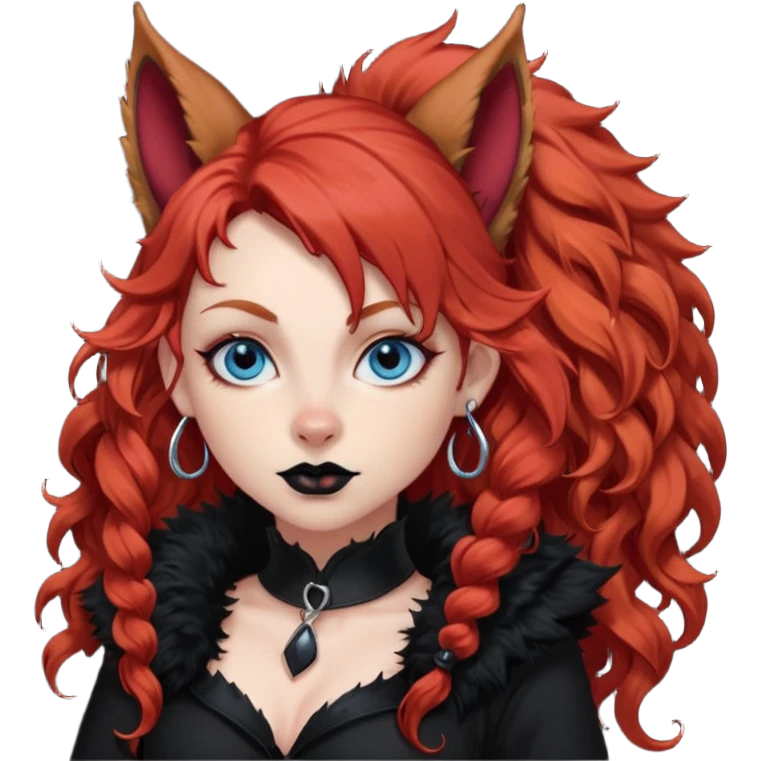  long curly red hair (darker), red pointed ears with black trim, black goth outfits, body and face human, blue eyes, more pointy chin, black lipstick, big fluffy red squirrel tail with black tips, like the attached photo with more outfits and poses,  emoji