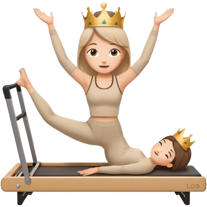 Cute sticker of a girl doing a Pilates stretch on a reformer while holding a cup of coffee in one hand. Wearing beige activewear and a small crown. Kawaii style, happy expression, vector, white outline, transparent background. emoji