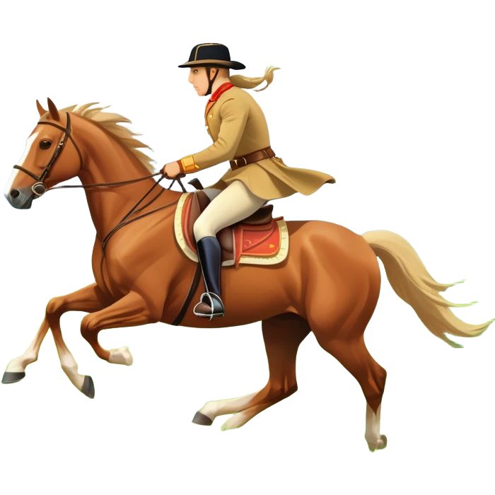 An icon showcasing a majestic horse and rider in full gallop across a lush green field. The background features a clear sky, distant mountains, and a vibrant landscape. The rider wears traditional gear, while the horse leaps with grace and power.  emoji