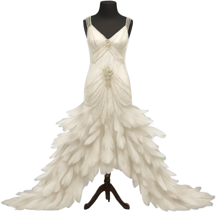 Hyper Realistic vintage flapper Wedding dress displays emoji