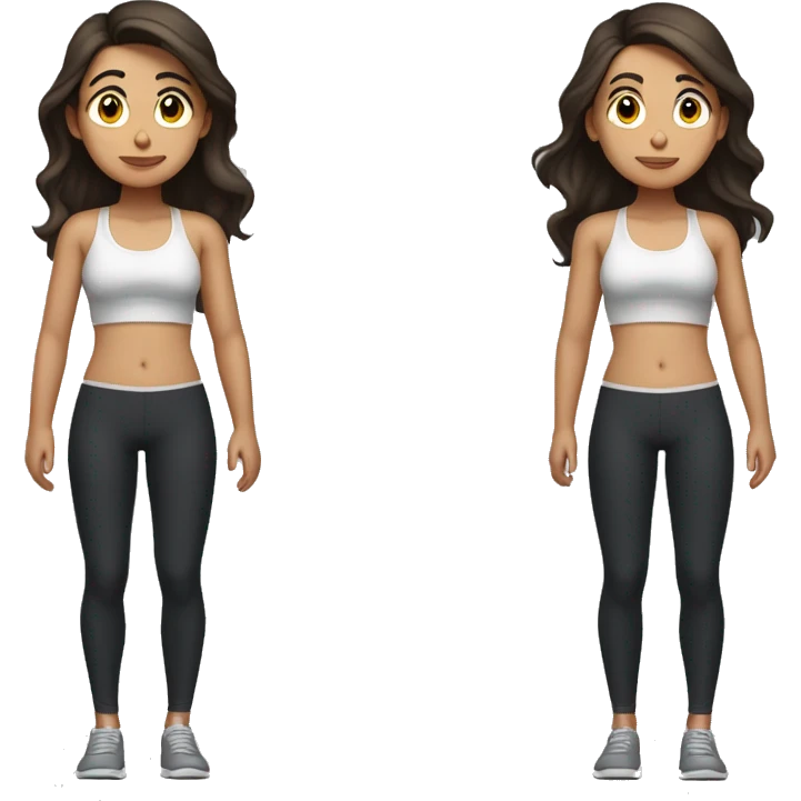 Side view of a brunette girl standing on a bathroom scale, looking down, wearing black leggings and a sports bra, her hair is down emoji