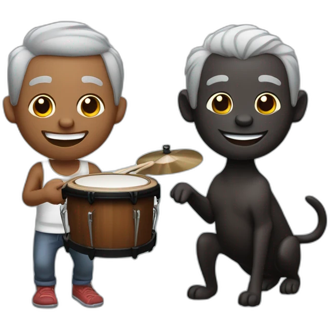 Dark skin guy with slightly receiding grey hair. Smiling playing bongos. With a black dog with brown spots, next to him  emoji