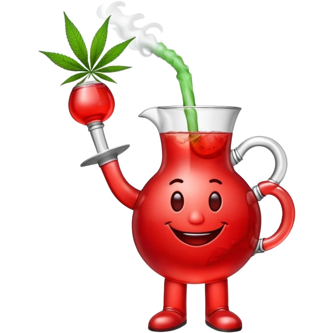 Kool-Aid Man pitcher character with legs and arms holding a bong and a prominent cannabis leaf emoji