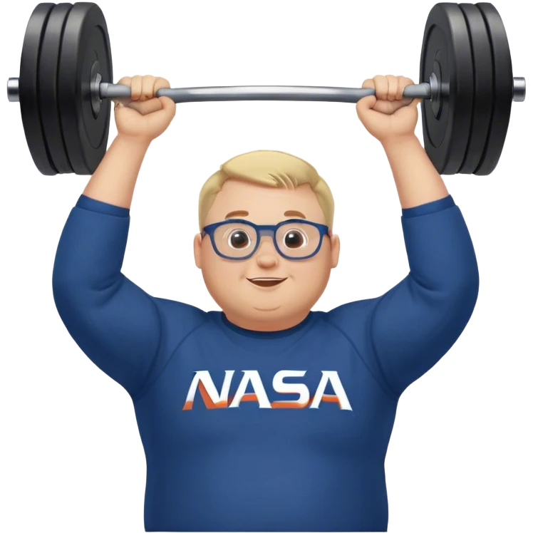 happy chubby man, lifts weights over the head,  blond short and hight receding hairline, wearing a dark blue sweatshirt, nasa logo on the sweatshirt, round glasses without frame, 40 years old emoji