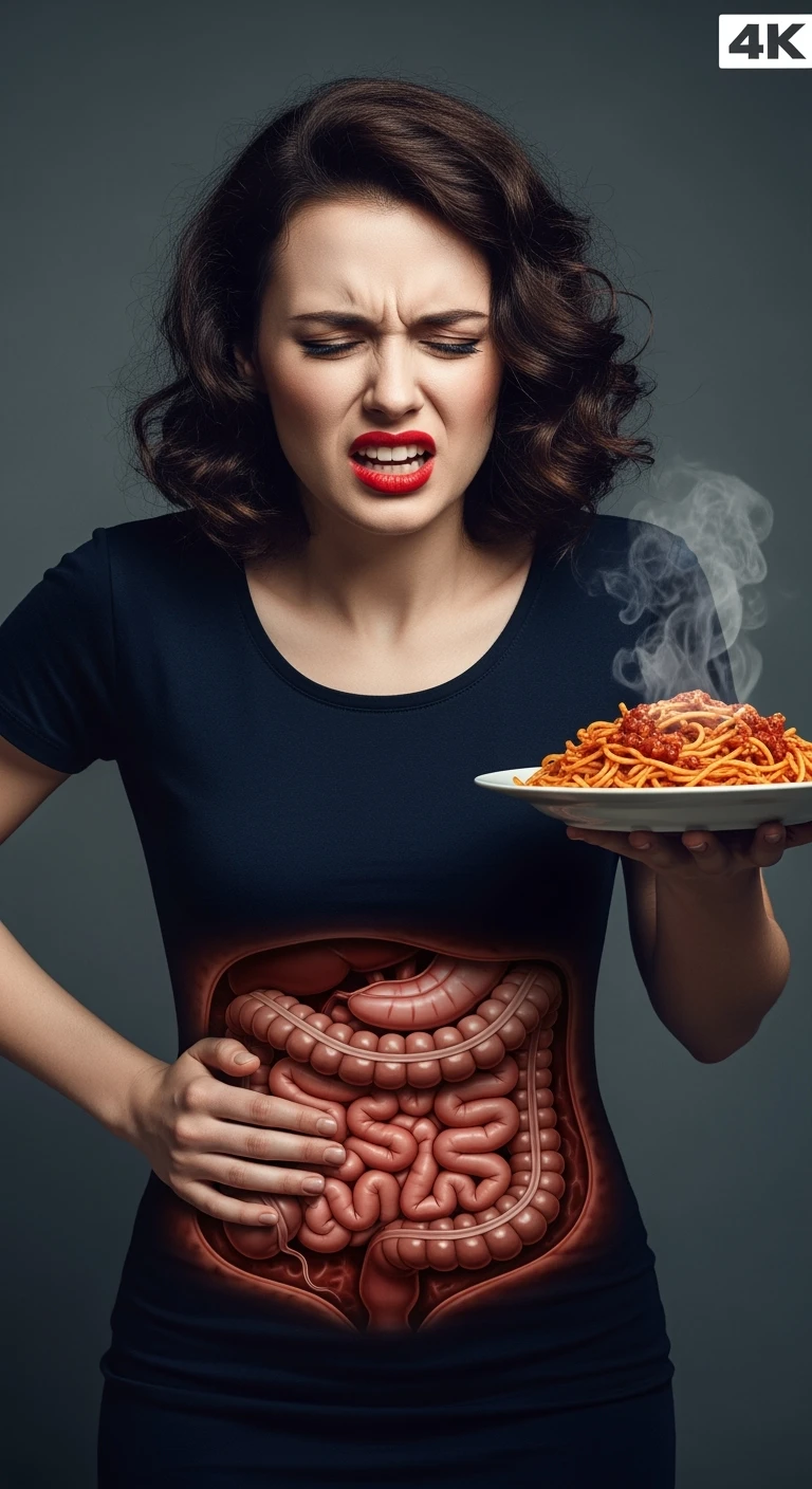 DONNA CON INTESTINO UMANO ANATOMICO REALISTICO IN EVIDENZA E MAL DI PANCIA MENTRE TIENE IN MANO UN PIATTO DI PASTA , IPERREALISTICO 4K emoji
