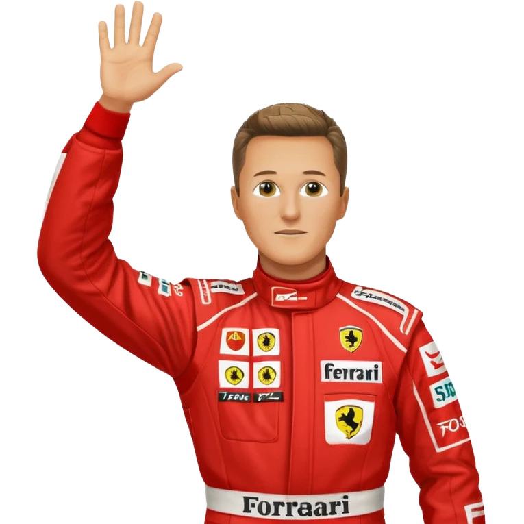 Michael Schumacher celebrating in Ferrari 2004 racing suit, arms raised, red suit with Ferrari and sponsor logos, emoji style emoji