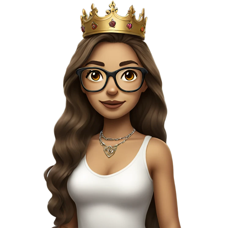 Hyperrealistic beautiful  girl, wearing a crown and glasses with tattoos, with long brown hair  emoji