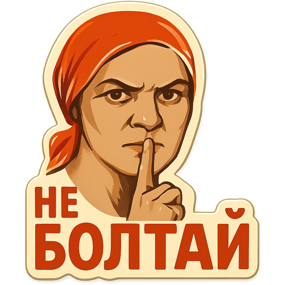 cartoon emoji of stern Soviet woman with red headscarf, finger to lips, phrase 'не болтай' in bold Cyrillic letters emoji