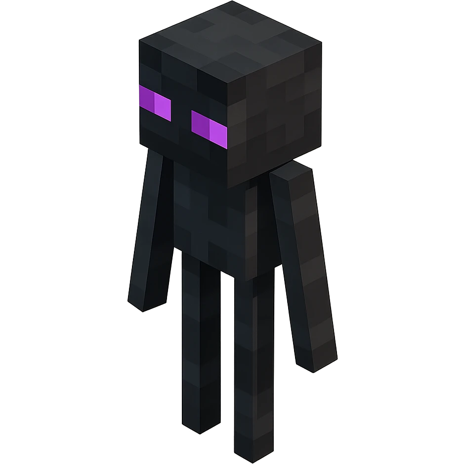 Minecraft Enderman, 3D blocky voxel style, tall and black with purple eyes, classic Minecraft look emoji