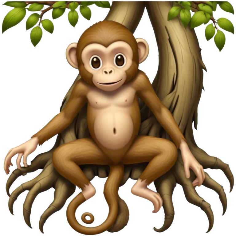 A creature with realistic human feet at the bottom, tree roots forming the legs, and a cartoon monkey face on top emoji