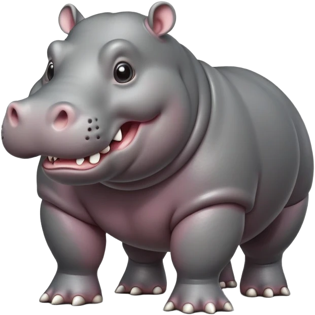 cinematic-hippo-realistic-full-body-side-view-standing-on-all-fours-emoji,-massive-round-frame,-wide-mouthed-grin-exposing-huge-teeth,-head-tilted-dramatically,-thick-grey-hide-glossy, big eues emoji