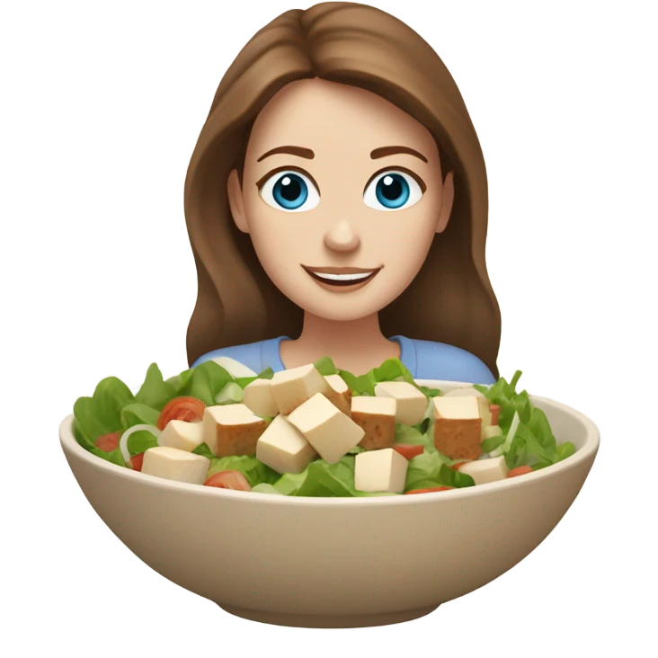 White girl Brown hair blue eyes freackles eating Tofu salad emoji