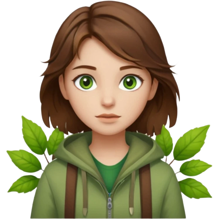 A girl with slightly tousled brown hair and green eyes, the color of light white and part of nature's  She is a nature girl. Cinematic Realistic emoji