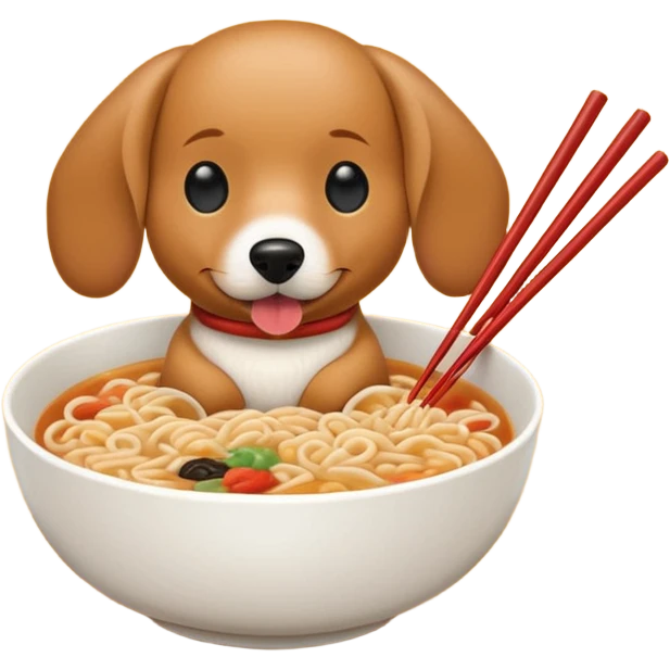 retro arcade style weenie dog eating ramen noodles out of bowl with chopsticks emoji