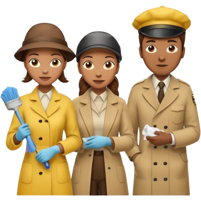 A cleaning Lady with Brown hair, high ponytail and yellow cleaning gloths is Talking to a Detektive (a man) with beige had, a beige coap and he is interviewing the cleaning Lady emoji
