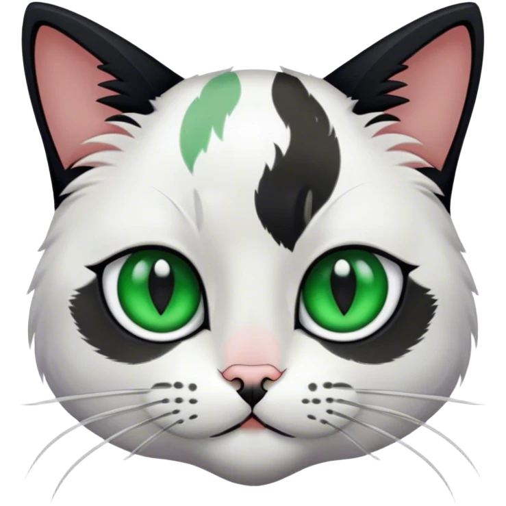 white calico cat with black fur around eyes and green eyes  emoji