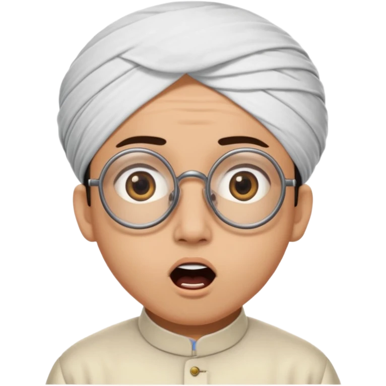 A person with light skin tone, wearing a traditional white ghutra with a black agal, large brown eyes, round glasses, and an open mouth showing a surprised or shocked expression. emoji