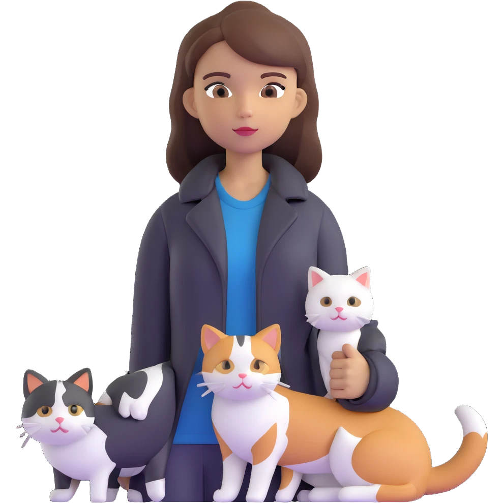 Light-skinned girl with brown straight hair wearing a black jacket, along with one pure white cat and one calico cat emoji