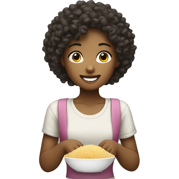 a curly haired girl eating rice  emoji