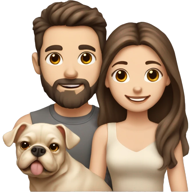 Brunette happy couple boy with beard and girl  with long hair with one cute beige French bull dog  emoji