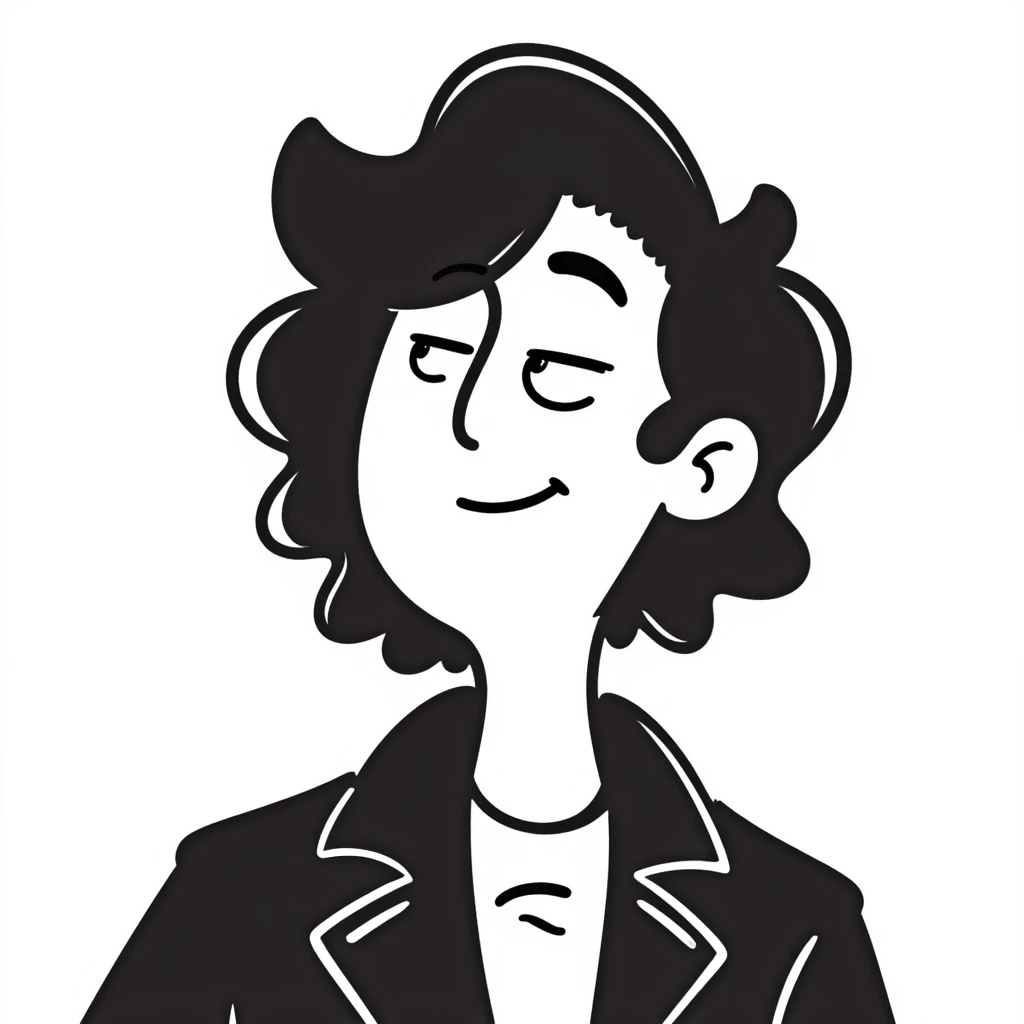 Hand-drawn portrait of a rockstar musician, face and upper body only, confident expression with half-closed eyes looking upward, knowing smirk, contemplative expression showing he's envisioning success emoji