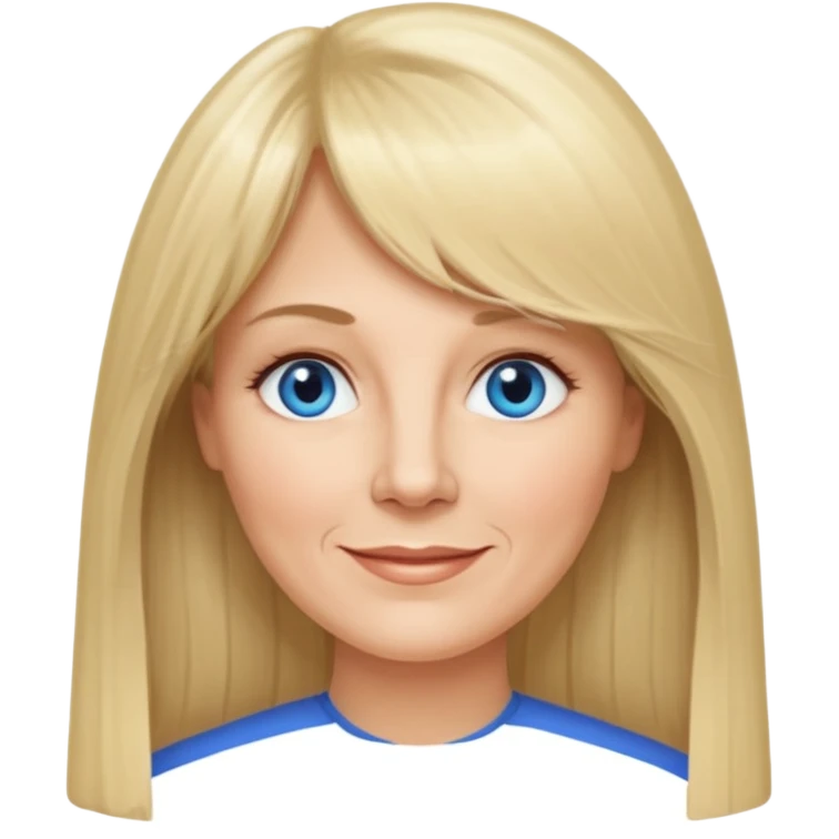50 yr old white woman, curtain bangs, very long straight blond hair, oval face, small smile, blue eyes emoji