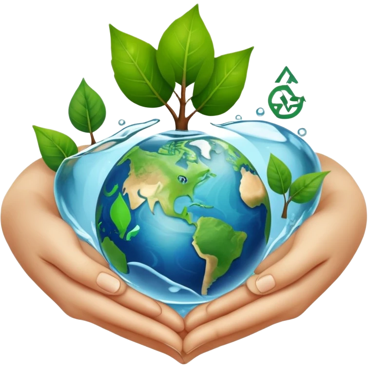 An icon featuring a green leaf, Earth held in hands, and a recycling symbol, symbolizing ecology. The design includes trees, clean water, and animals, representing environmental protection, sustainability, and ecosystems. Transparent background highlights the science of nature and conservation. emoji