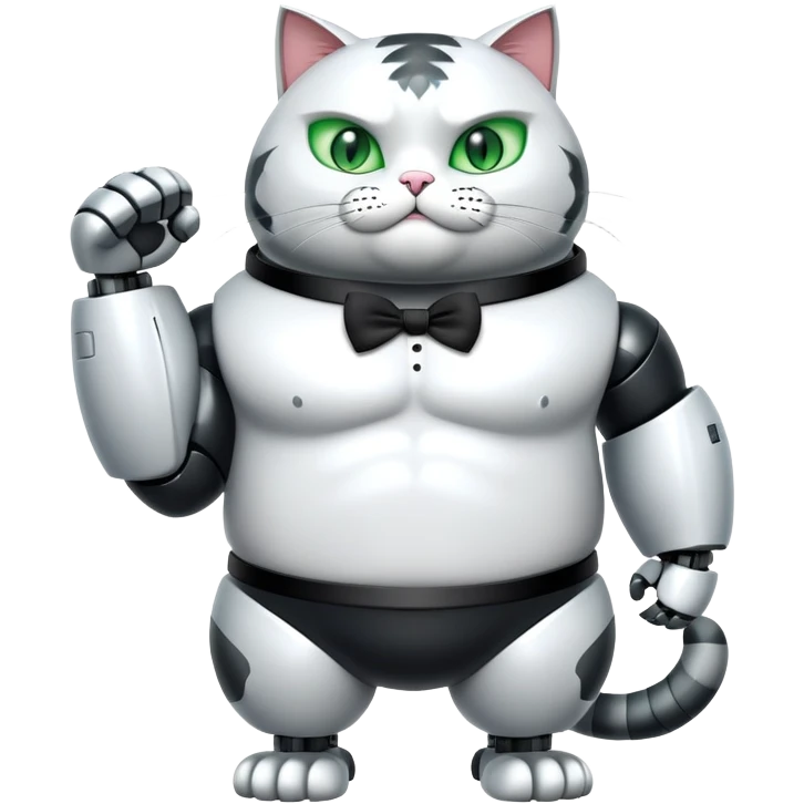 Robot Buff Jacked up Huge jumbo Super Duper Muscular Cat with a 10 pack full body black and white tuxedo colored body and green eyes and abs emoji