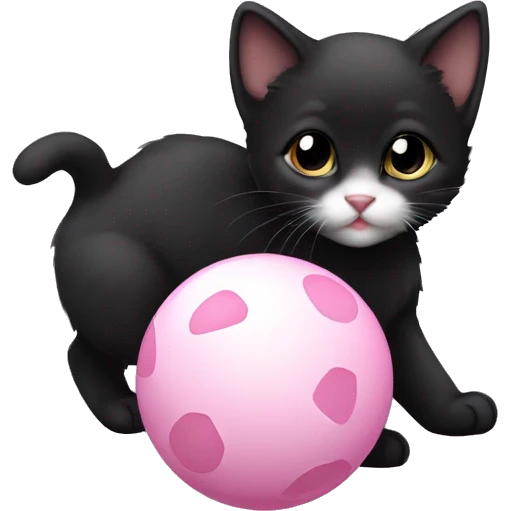 black kitten with white paws and white chest and a white nose playing with pink ball emoji