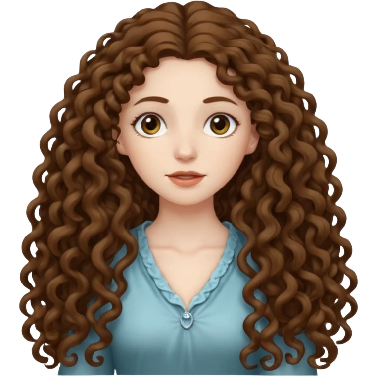 pale woman with brown curly very long hair, middle part. the hair is very very very very very very long, so long, you can't see the ends. the hair is very heavy and goes down to her feet emoji