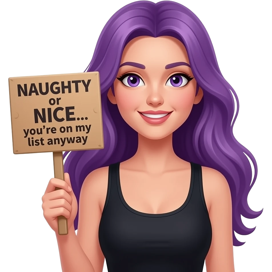 sexy girl with long purple hair and purple eyes holding a NAUGHTY or NICE... you#re on my list anyway1 sign emoji