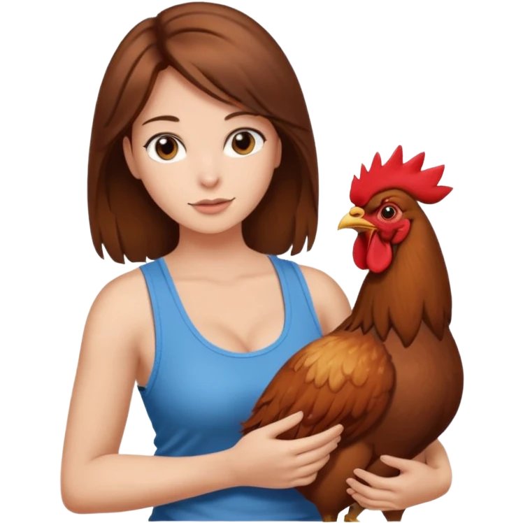 Brown hair very large boob Woman tanki top holding one rooster emoji