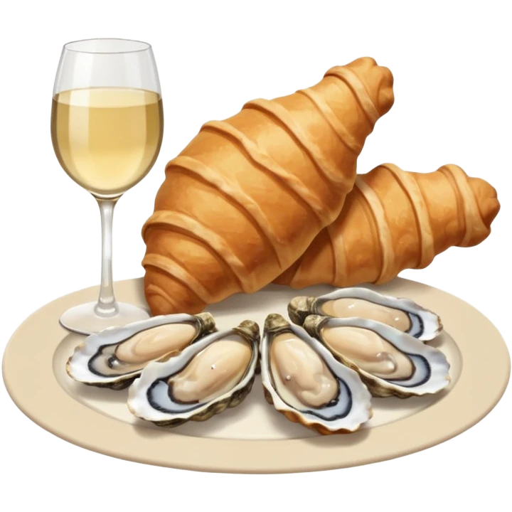 French cuisine humanless avatar in clean emoji-style illustration. Croissant, oysters and wine glass, soft beige tones, simple shapes, flat design, refined and cozy. emoji