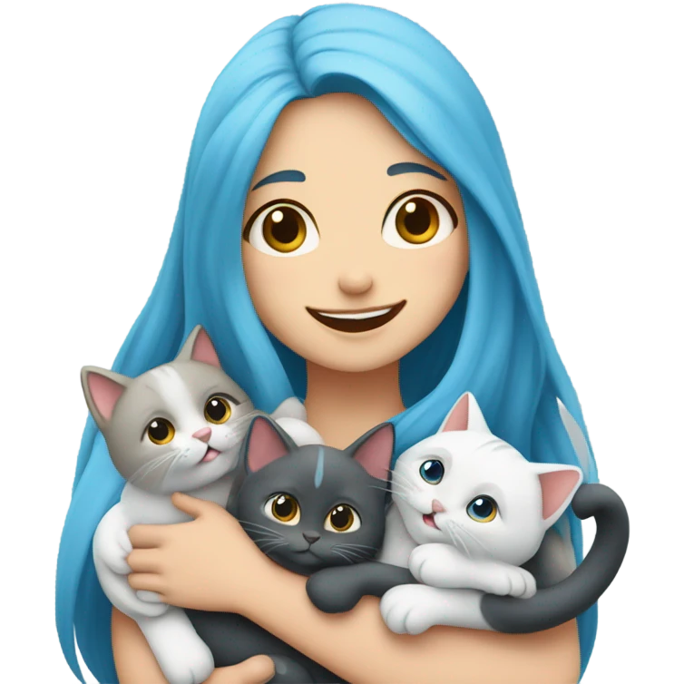 white skin girl with blue long hair hugging cats emoji