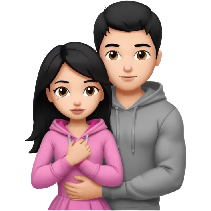 a pretty bratz boy with black hair and a grey hoodie, big biceps, hugging a girl with dark brown hair emoji