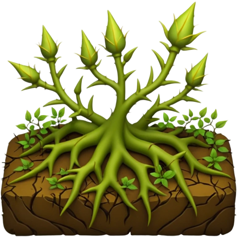 green vines with thorns sprouting from the ground, 3D, extremely detailed, earthy color palette, yellow green and brown tones, filigree inspired emoji
