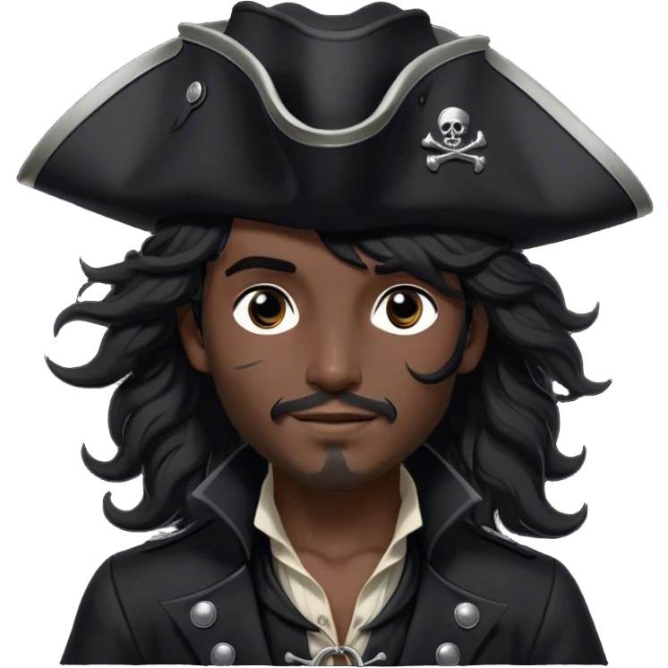 A charismatic pirate with wavy black hair tousled by the breeze. His silver-embroidered tricorn hat casts a shadow. Dark eyes glint with mischief as he looks to the side, a knowing smile on his lips. His black coat, adorned with silver buttons, shifts with the wind emoji