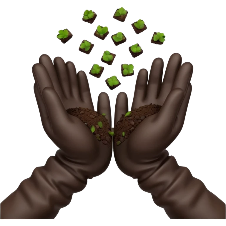 A 3D cartoon pair of gloved hands holding rich dark soil, small bits falling between fingers, bright garden background, soft light, Memoji-style realism. emoji