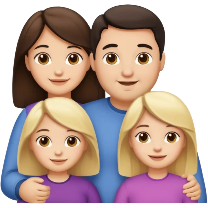 Familia de 4 personas sonriendo: Hombre gordito pelo oscuro, Mujer pelo cafe, hija 1 pelo mono e hija 2 pelo oscuro. emoji