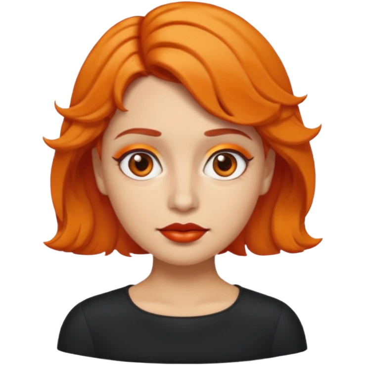 A person emoji with light skin, short orange wavy hair swept to one side, matching orange eyebrows, brown eyes, an oval-shaped face, a small nose, and dark lipstick. emoji