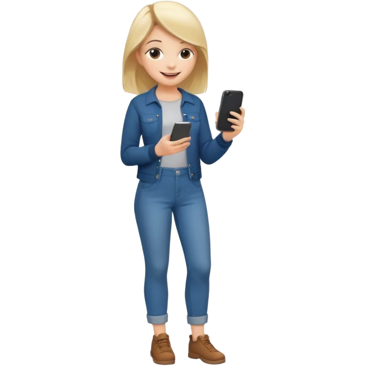 a full body  full girl on his phone with a happy face commenting on a post emoji