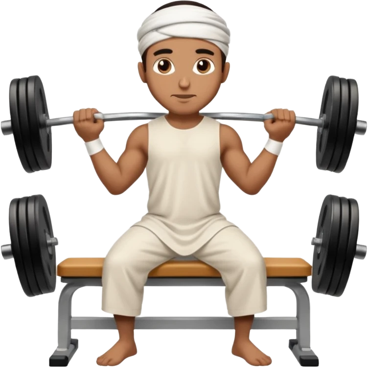 brown muslim man pushing weight wearing thobe on bench press emoji