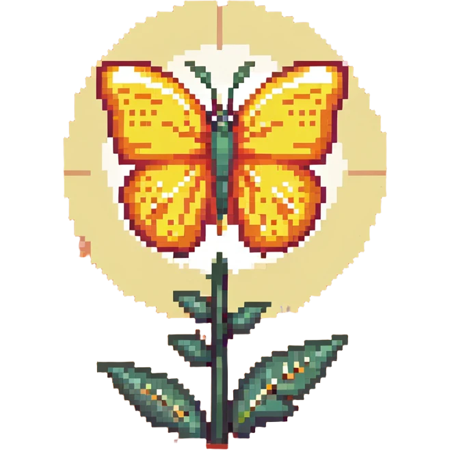 Blue smiling butterfly in springtime with pixel flowers and sunshine emoji