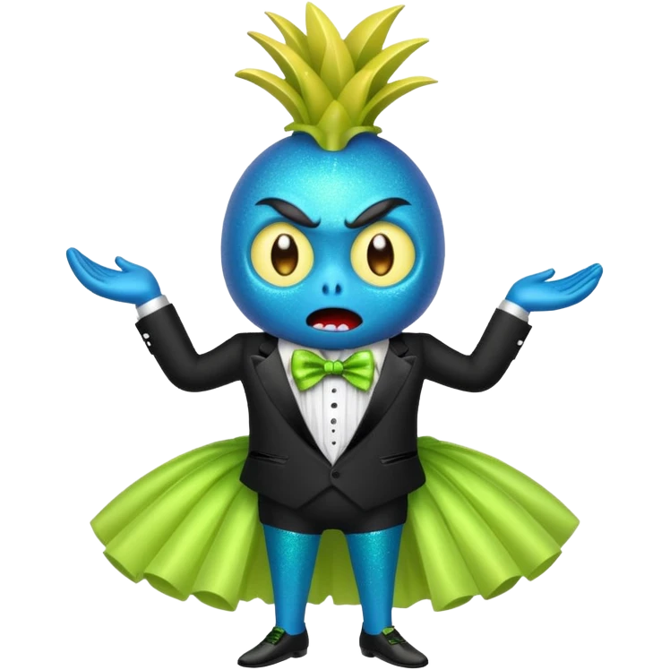Angry blue banana fruit wearing a sparkly lime green tuxedo and tutu emoji