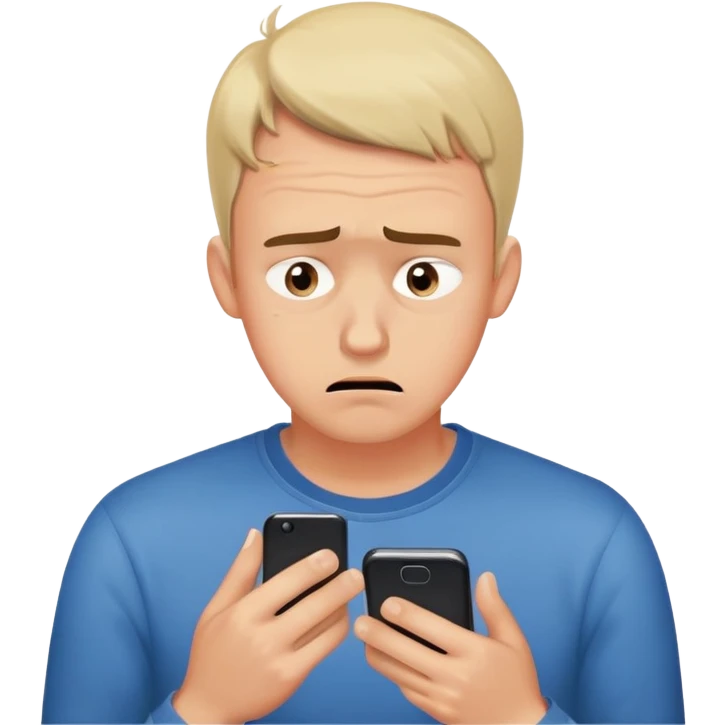man with anxious attachment style frantically checking his phone with worried eyes and nervous expression, sweat drops on forehead, staring intensely at phone screen waiting for message reply, finger hovering over screen ready to respond immediately, notification symbols visible emoji