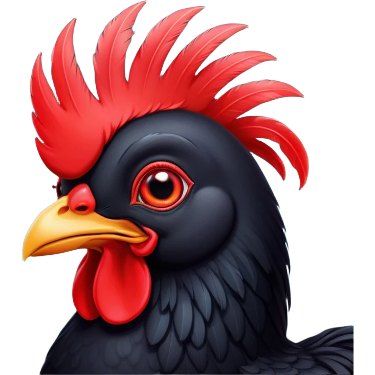 Cinematic Cute Black Chicken Portrait Emoji, Head tilted playfully and inquisitively, featuring sleek, lustrous black feathers and a vibrant red comb, round, sparkling beady eyes filled with curiosity, Simplified yet irresistibly adorable features, highly detailed, glowing with a warm, friendly glow, high shine, affectionate and lively, stylized with a touch of whimsical charm, bright and endearing, soft glowing outline, capturing the essence of a mischievous yet loving chicken, so playful it feels like it could peck out of the screen and into your arms! emoji