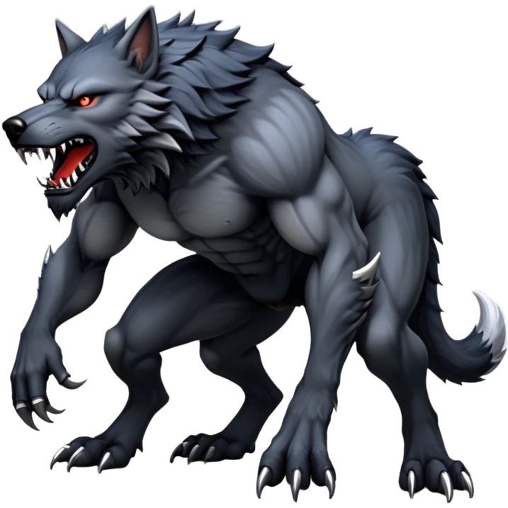 cinematic-noble-fierce-werewolf-full body on all fours-emoji, poised-and-imposing, with a tall, lean, and muscular wolfish frame inspired by the brutal, imposing shape of the beast from Berserk, fur rippling in shades of midnight black and silver, massive paws with razor-sharp claws, elongated limbs and fangs, eyes glowing with an intense, primal ferocity, reflecting the untamed power of the wild moonlit night; rendered with realism like a wolf emoji