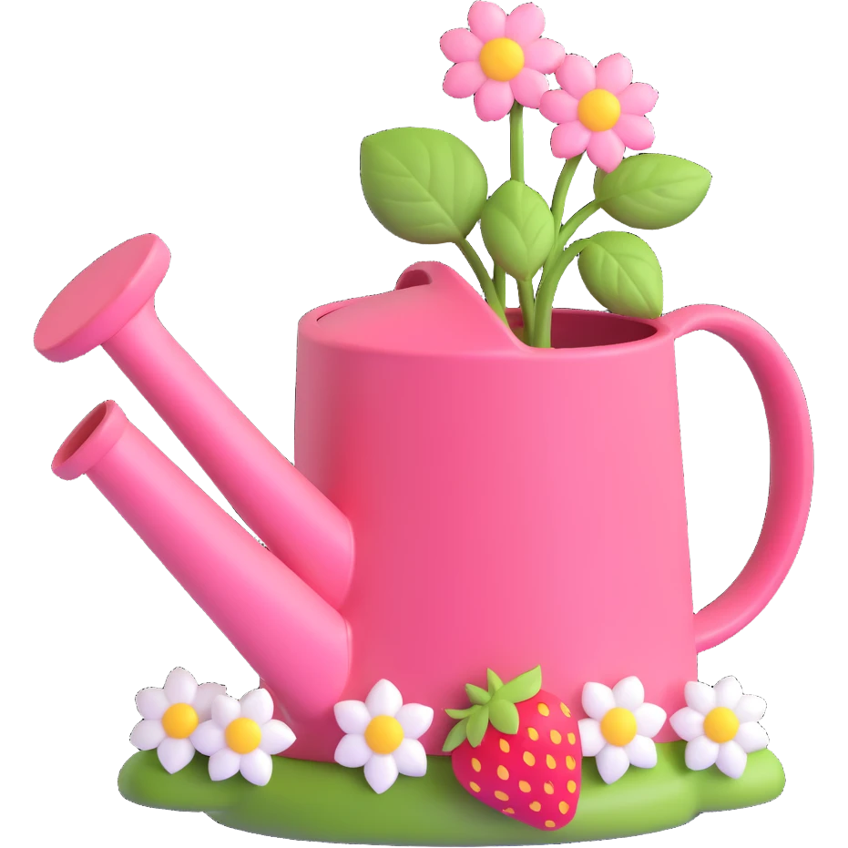 Pink watering can with strawberries and white flowers, shiny and glossy, in 3D iOS emoji style, on a transparent background. emoji