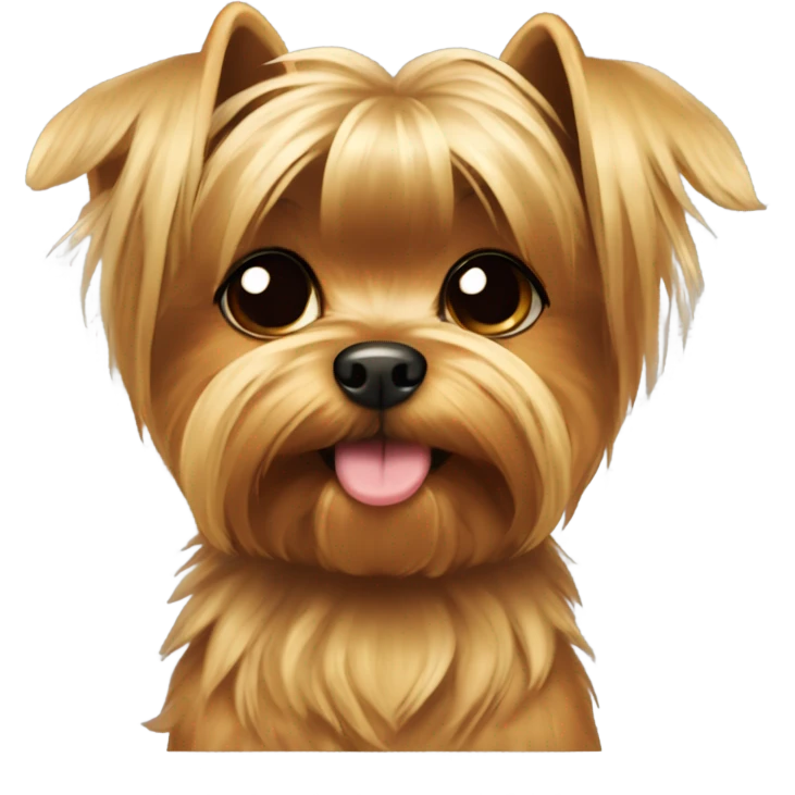 A small Yorkshire Terrier with fluffy golden-brown fur, black back, round face, perky ears, dark eyes, a small nose, and often a top bow or hair tie. With body emoji