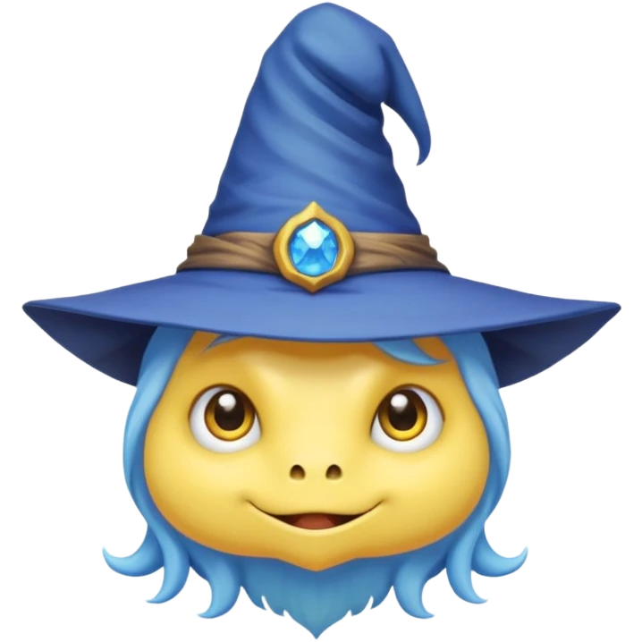 cute monster with white body, yellow tail, wearing blue sky witch hat. the face facing the front towards the 4th wall emoji